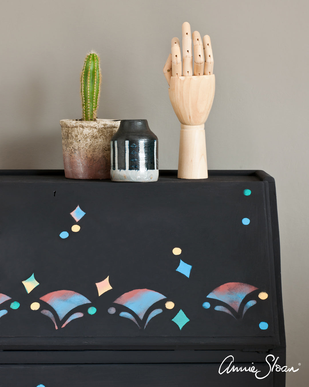 Athenian-Black-bureau-painted-with-the-stencil-from-Issue-3-of-The-Colourist-image-1