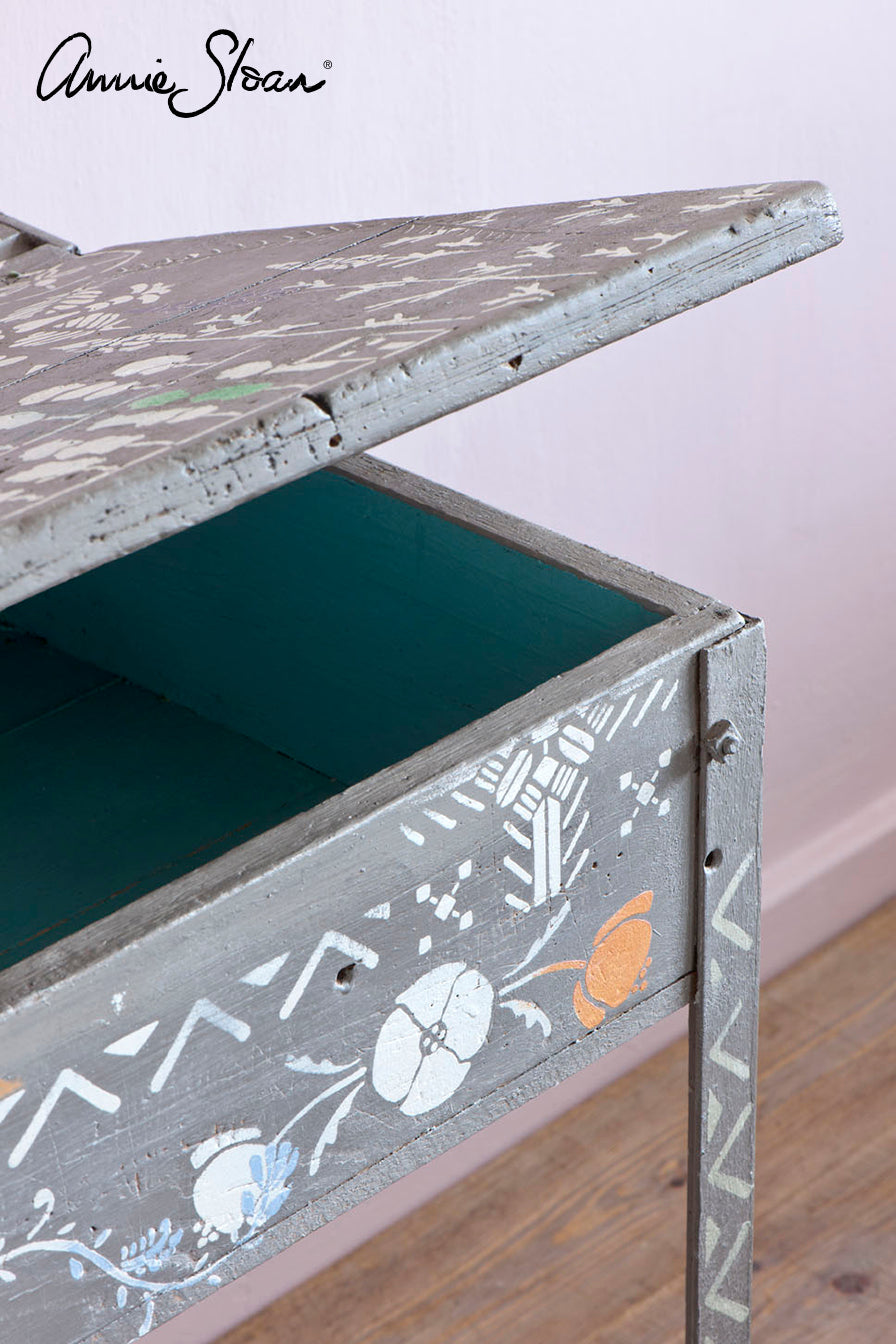 French Linen school desk, stencilled, Old White, Barcelona Orange, Provence, Antionette Wall Paint image 2