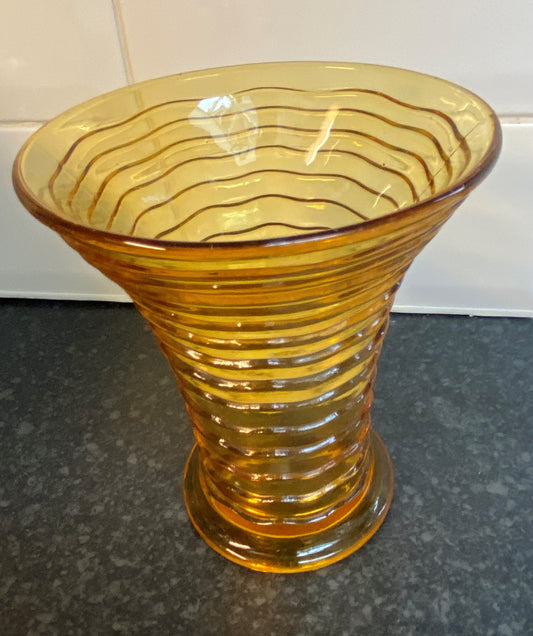 Amber Glass Ribbed Vase