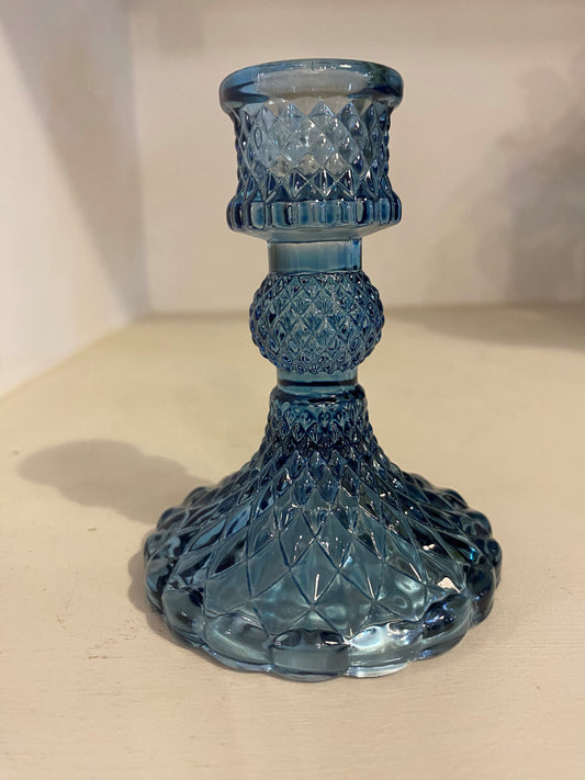 Glass Harlequin Candlestick Blue
