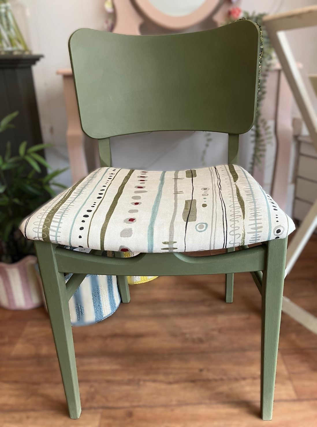 Chair Painted in Olive Chalk Paint with Upholstered Seat