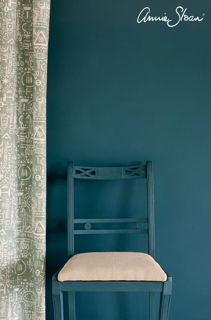 Aubusson-Blue-Wall-Paint-by-Annie-Sloan-lifestyle-, Tacit in Duck Egg Blue curtain, Linen Union in Antoinette + Old White seat cushion image 1