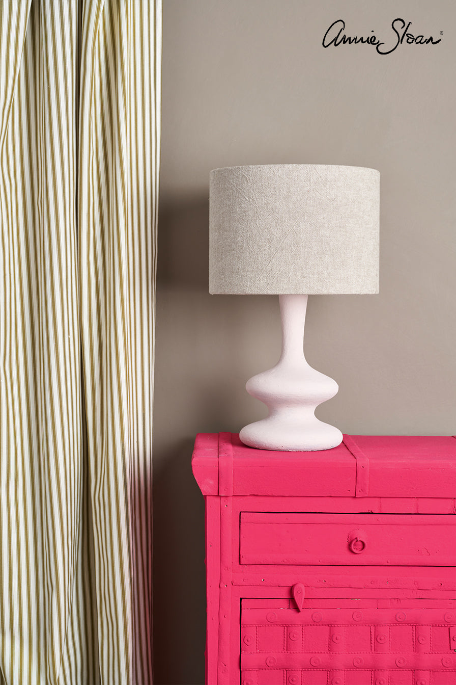 Capri-Pink-Side-Table,-Ticking-in-Olive-curtain,-Linen-Union-in-Old-White-+-French-Linen-lampshade-image-3