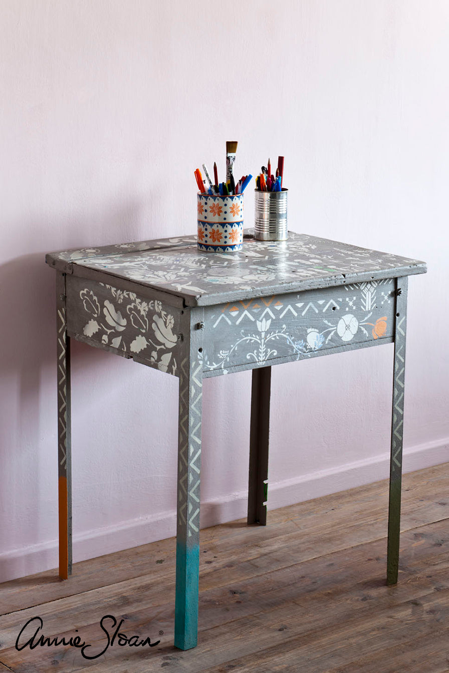 French Linen school desk, stencilled, Old White, Barcelona Orange, Provence, Antionette Wall Paint image 1