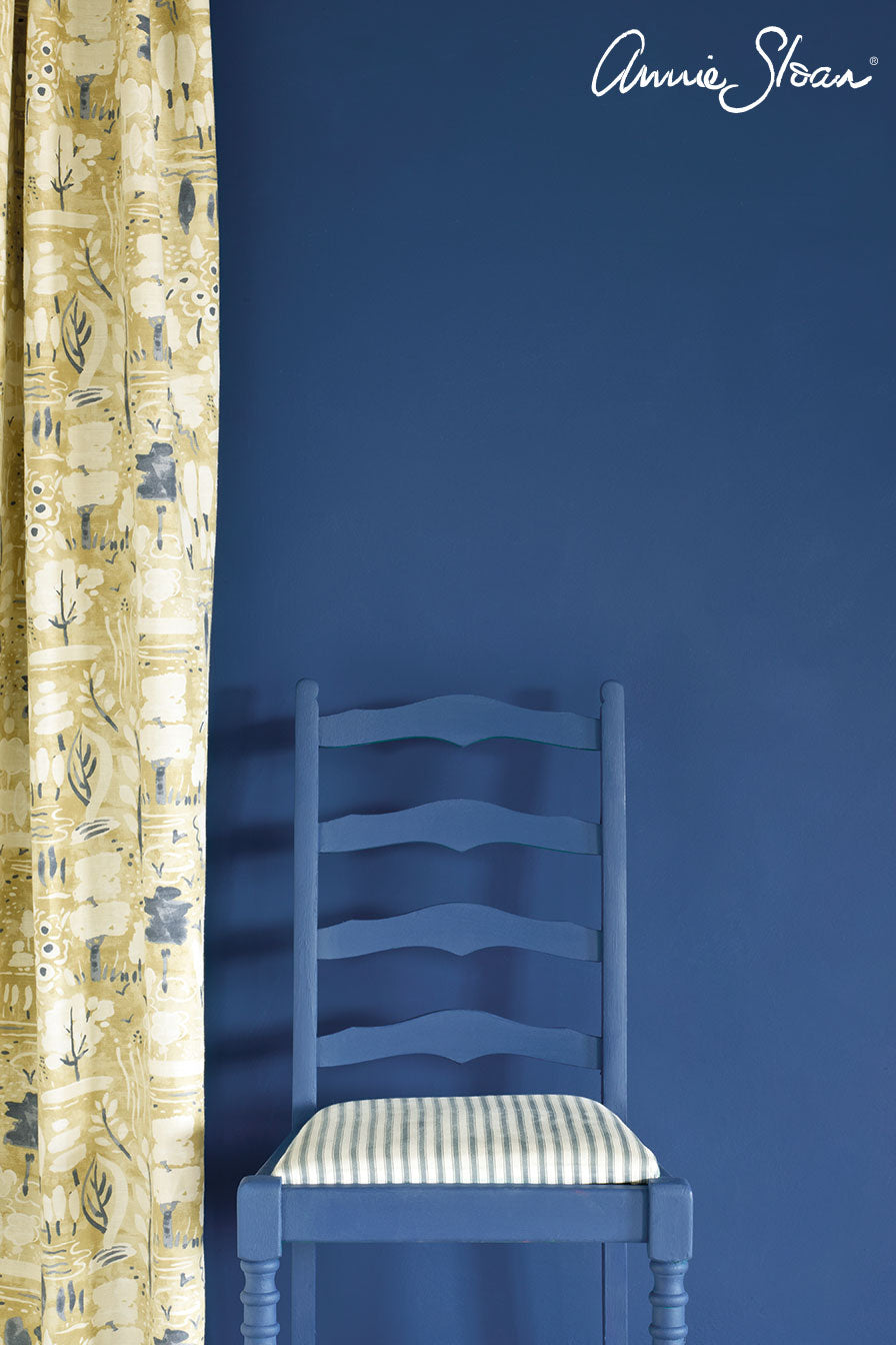 Napoleonic-Blue-Wall-Paint-by-Annie-Sloan-lifestyle-, Dulcet in Versailles curtain, Ticking in Old Violet seat cushion image 1